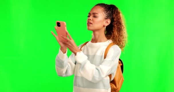 Słabe Połączenie Kobieta Telefonu Studiu Zielony Ekran Internet Opóźnienie Lub — Wideo stockowe