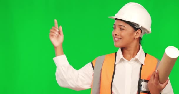 Arquitecta Mujer Señalando Cara Cara Por Pantalla Verde Sonrisa Elección — Vídeo de stock
