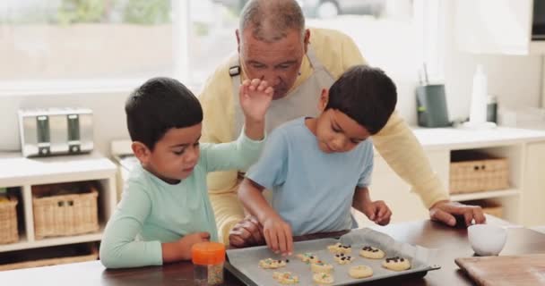 Avô Netos Biscoitos Cozinha Aprender Habilidade Padeiro Ligação Casa Família — Vídeo de Stock
