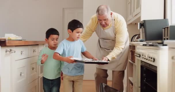 自宅で甘い御馳走 デザートや軽食のためにクッキーを焼く彼の孫とオーブン キッチンや高齢者 家庭で男の子の子供とビスケットを準備する設備 — ストック動画
