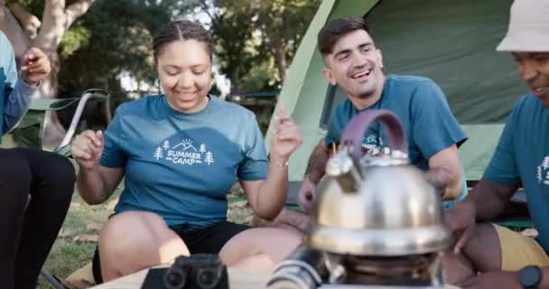 Guitarra Danza Camping Con Amigos Voluntarios Sentados Alrededor Fuego Juntos — Vídeo de stock