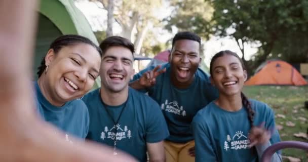 Selfie Pessoas Juntas Felizes Acampamento Aventura Campistas Feriado Com Sorriso — Vídeo de Stock