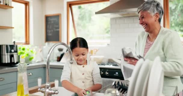 Счастливы Бабушка Ребенок Моют Посуду Помощью Преподавания Обучения Старшего Улыбка — стоковое видео
