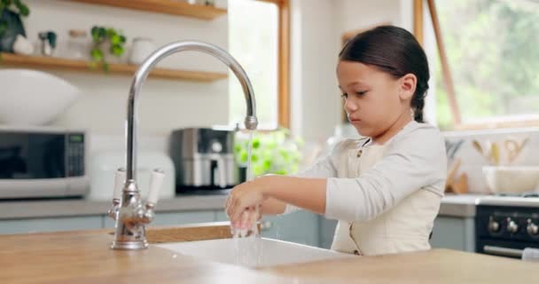 在厨房里给水 洗手和女童洗澡 以确保家庭的卫生 安全和负责任 清洁和女童在水槽里擦拭 学习和护理 细菌或预防 — 图库视频影像