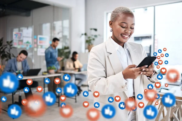 Las Redes Sociales Icono Mujer Usan Teléfono Una Oficina Mensajes — Foto de Stock