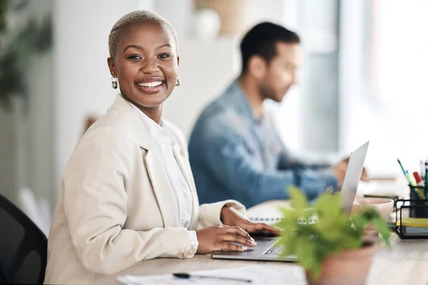 Portrait, staff or black woman with a laptop, smile or business with marketing expert, website information or planning. Face, female person or agent with a pc, growth or review success with happiness.