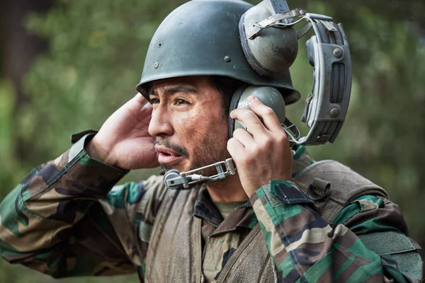 Radio Kommunikation Och Militär Soldat Talar Med Ledarskap Krig Eller — Stockfoto