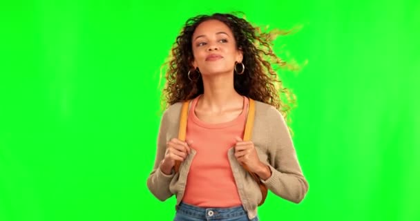 Жінка Зеленим Екраном Щастя Посмішка Прогулянці Ранкові Поїздки Або Студентські — стокове відео
