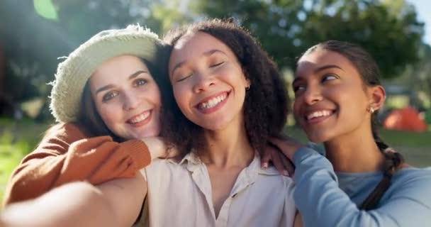 Selfie Grupy Kobiet Camping Natura Letnie Wakacje Uśmiechem Drzewa Słońce — Wideo stockowe