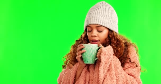 Женщина Пить Одеяло Зеленом Экране Холодная Зимняя Одежда Кофе Чай — стоковое видео
