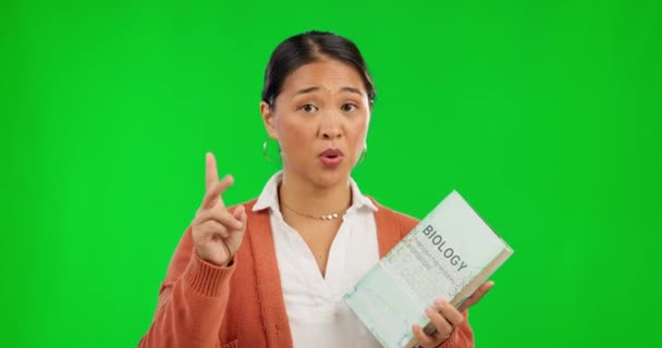Green Screen Gesicht Und Frau Lehrer Mit Buch Für Unterricht — Stockvideo