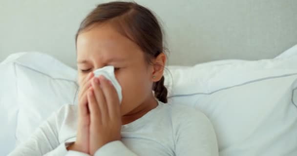 Girl Kid Tissue Blowing Nose Home Cold Allergies Risk Medical — Stock Video