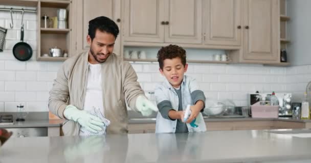 Reinigung Hilfe Und Spray Mit Vater Und Sohn Für Staub — Stockvideo