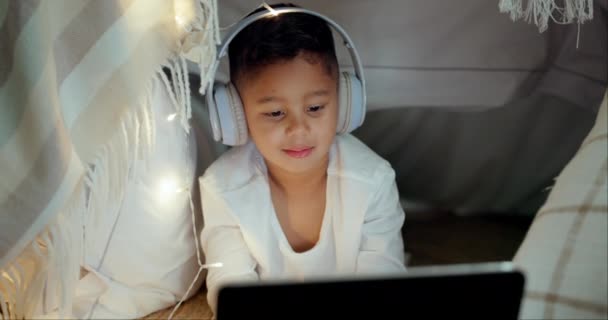 Girl Tablet Headphones Streaming Movie Night Bedroom Home Online Cartoon — Stock Video