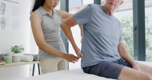 Physiotherapeut Altenpfleger Und Rückenschmerzen Mit Beratung Und Medizinischer Unterstützung Einer — Stockvideo