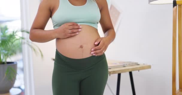Gravid Kvinna Magkänsla Och Lycklig Hemma Med Baby Kärlek Stöd — Stockvideo