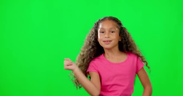 Niña Pantalla Verde Cara Con Baile Movimiento Pasos Para Música — Vídeos de Stock