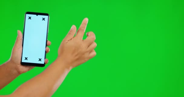 Closeup Χέρι Και Smartphone Πράσινη Οθόνη Πληκτρολογώντας Και Εντοπίζοντας Δείκτες — Αρχείο Βίντεο
