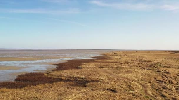 旅行和无人驾驶飞机与海滩景观的海洋 环境和天空的模型 从空中俯瞰丹麦日德兰海岸线的水 波浪和沙子 供夏季 和平和海景之用 — 图库视频影像