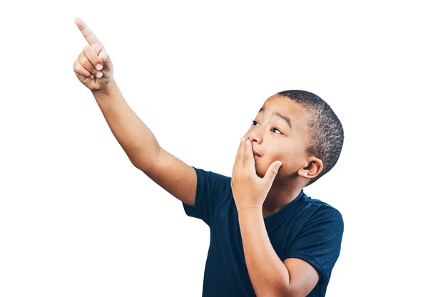 Niño Señalando Con Dedo Publicidad Sorpresa Elección Atención Inspiración Anuncio — Foto de Stock