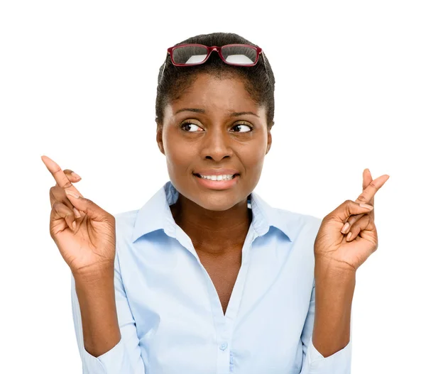 黑人妇女 思想和手指交叉 在透明的巴布亚新几内亚背景下 为好运或希望而分离 为抽奖 颁奖或比赛而使用交叉手指表示怀疑的非洲女性的脸 — 图库照片