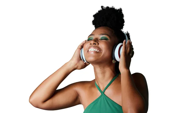 Izolowana Afrykanka Słuchawki Podekscytowany Muzyką Moda Lub Uśmiech Przez Przejrzyste — Zdjęcie stockowe