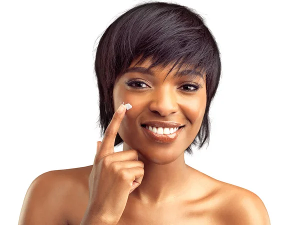 Woman Natural Beauty Cream Smile Portrait Care Wellness Dermatology Face — Stock Photo, Image