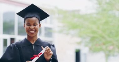 Black woman, university and graduation certificate or portrait of graduate on mock up or smile and academic success. Education, space and happy female person with college diploma or degree outdoors.
