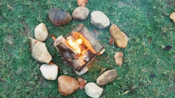 Círculo Fogueira Acampamento Livre Natureza Com Pedra Rocha Cofre Chão — Vídeo de Stock