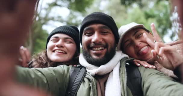 Amici Felici Volti Escursionisti Che Fanno Selfie Mentre Camminano Nella — Video Stock