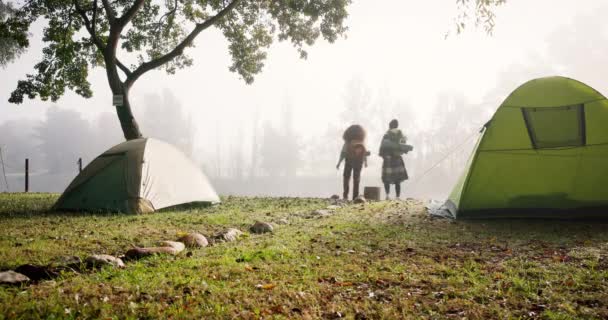 女性朋友 在大自然的户外散步和露营 为冒险 度假或一起旅行的轮廓和雾 早上去露营 度假和徒步旅行 — 图库视频影像