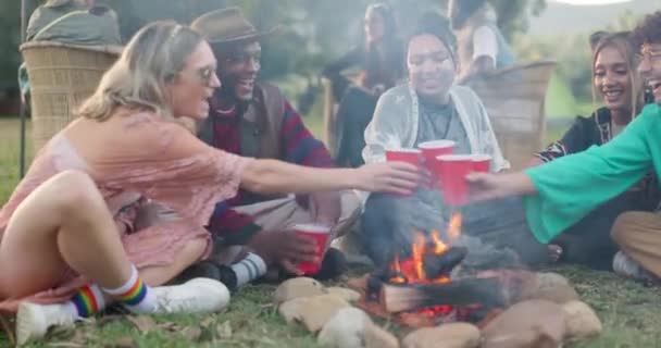 朋友们在音乐节上欢呼雀跃 在户外露营活动中享有自由和乐趣 大自然 营地和一群人在篝火边野餐 快乐的男男女女一起举杯 — 图库视频影像