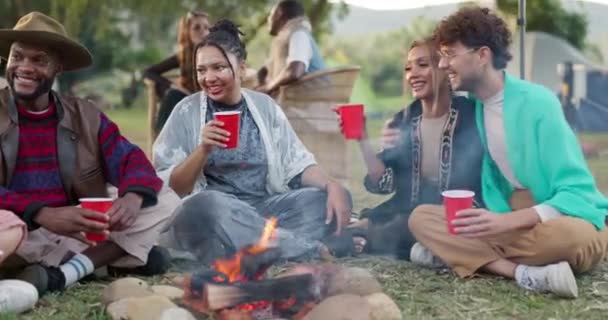朋友们在音乐节露营 在户外活动中自由和快乐 大自然 营地和一群人在篝火边野餐 快乐的男女青年一起放松 — 图库视频影像