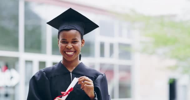 Black Woman University Graduation Certificate Portrait Graduate Student Smile Academic — стоковое видео