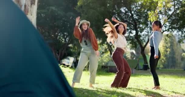 Природа Лагерь Подруги Танцуют Вместе Лесу Природе Музыку Плейлист Альбом — стоковое видео