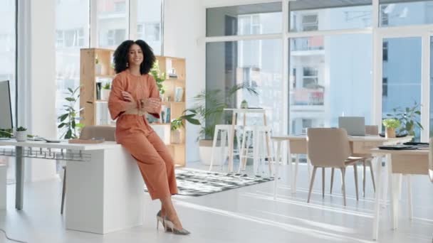 Szczęśliwa Kobieta Twarz Projektant Ramionami Skrzyżowane Biurze Firma Startująca Lub — Wideo stockowe