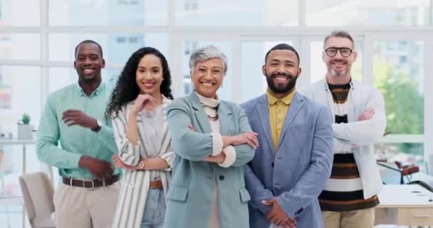 オフィスでのリーダーシップ 経営陣 または私たちについての幸せな創造的な人々 チーム スタートアップのためのチームワークに笑顔を浮かべて自信のある従業員グループの肖像 — ストック動画