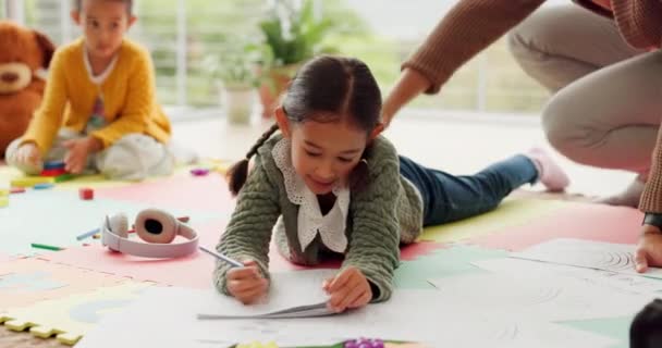 Girl Kids Parents Writing Homework Floor Tablet Helping Hand Education — Vídeos de Stock