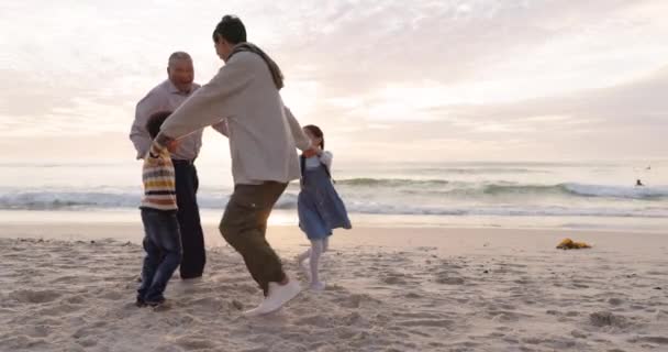 Grandparents Children Playing Together Beach Fun Vacation Holiday Sunset Adventure — Video