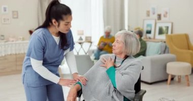 Nurse, physiotherapy and senior woman in wheelchair, back pain check and physical therapy exam at home. Retirement nursing, physiotherapist medical doctor and elderly patient with disability support.