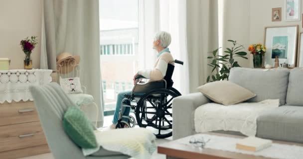 Senior Woman Wheelchair Thinking Window Retirement Dream Memory Remember Home — kuvapankkivideo