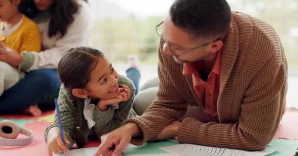 Girl Kid Dad Homework Floor Writing Helping Hand Education Teaching — Stockvideo