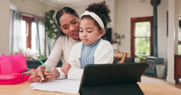 Mother Helping Her Girl Child Homework Table Digital Tablet Research — Stock video