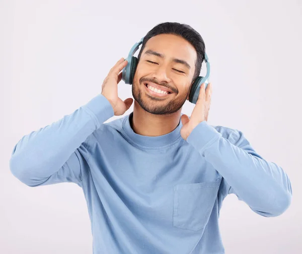 Headphones Música Homem Dançando Com Energia Estúdio Com Álbum Playlist — Fotografia de Stock