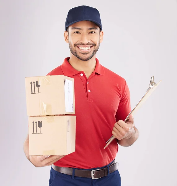 Happy Asian Man Portrait Box Courier Service Delivery Clipboard Checklist — Stock Photo, Image