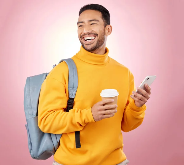 Рюкзак Телефон Счастливый Человек Студент Думает Университете Колледже Результаты Обучения — стоковое фото