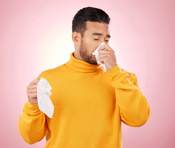 Sick Tissues Man Blowing His Nose Studio Cold Flu Sinus — Stock Photo, Image