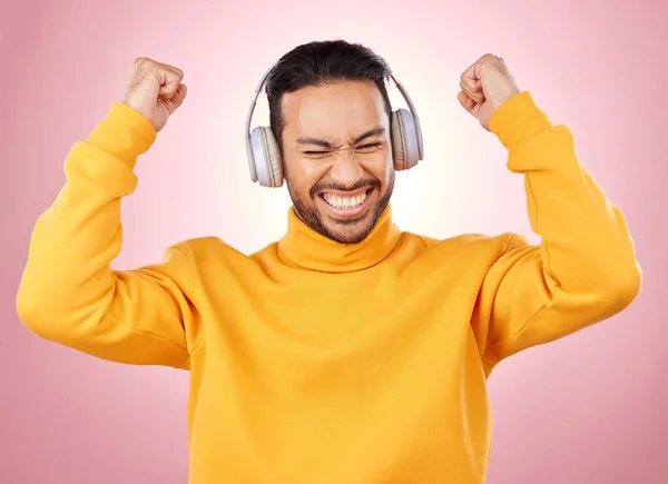 Música Fones Ouvido Homem Vencedor Sucesso Sim Celebração Para Podcast — Fotografia de Stock