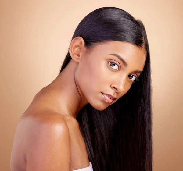 Portrait Hair Care Indian Woman Beauty Cosmetics Dermatology Brown Studio — Stock Photo, Image