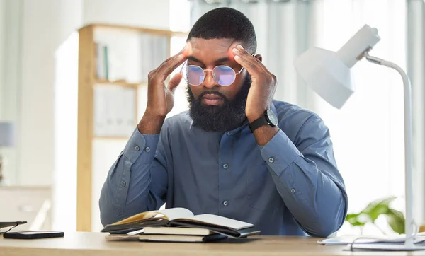 Headache Notebook Black Man Frustrated Stress Burnout Depression Office Glasses — Stock Photo, Image